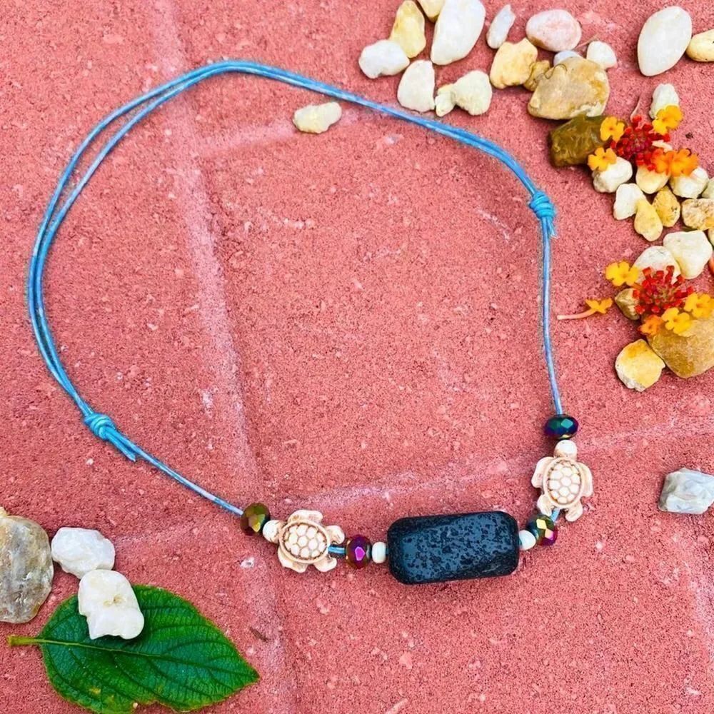 Black Lava Stone Turtle Leather Necklace Handmade